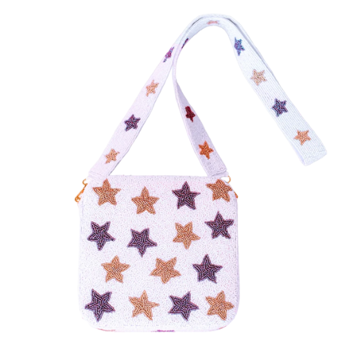 Starry Splendor: Multi Star Seed Bead Box Bag in White and Gold - Exquisite Seed Bead Handbag