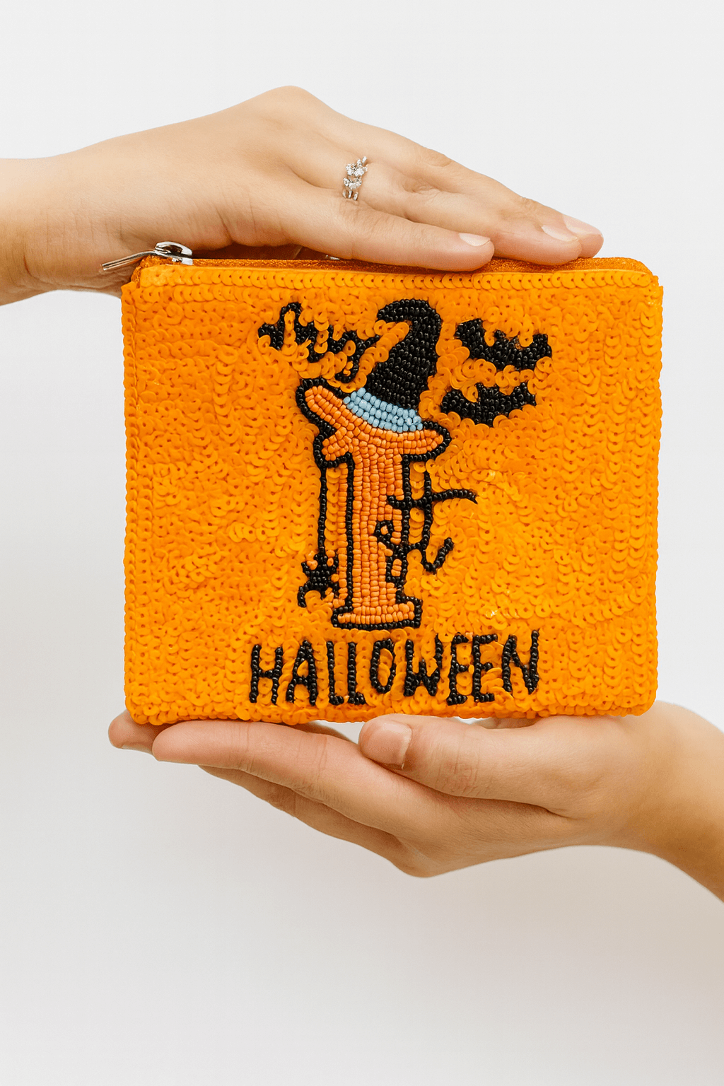 Handcrafted Orange Sequin Halloween Pouch