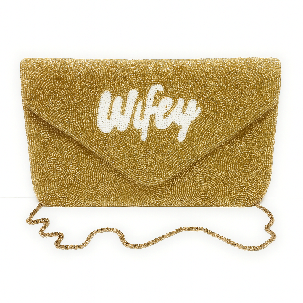 Gold & White 'WIFEY' Beaded Clutch, Bridal Purse