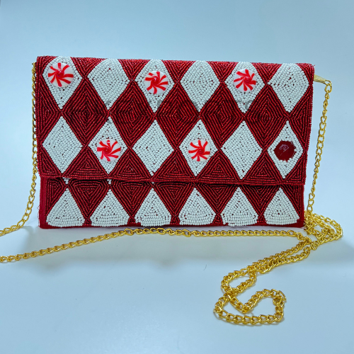 Red & White Handmade Beaded Clutch