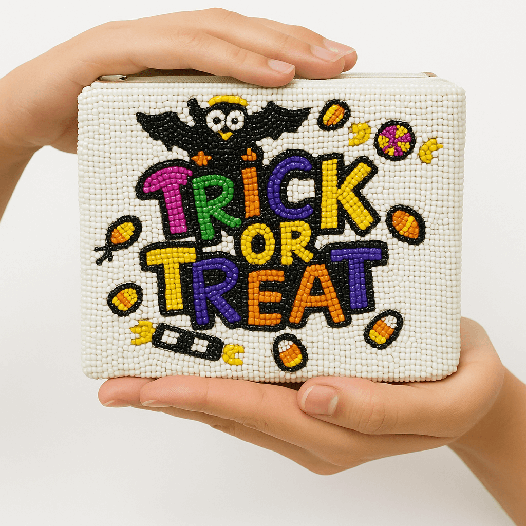 Handmade Halloween White Beaded Trick or Treat Pouch