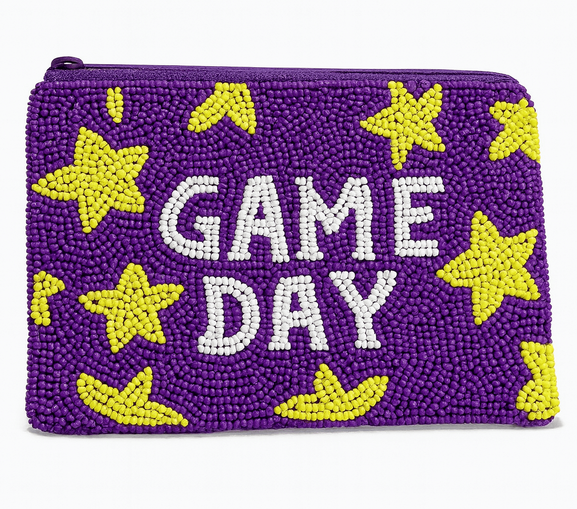 Purple Beaded Pouch with Yellow Stars and Game Day Text