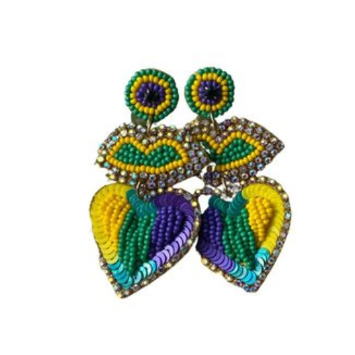Radiant Mardi Gras Heart Beaded Earrings: Spread Love and Festive Vibes!