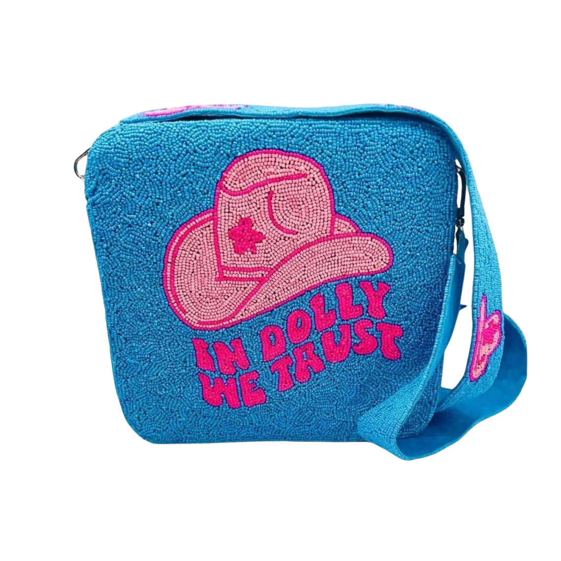 DOLLY WE TRUST: Pink Cowboy Hat Beaded Crossbody Blue Box Bag Handbag