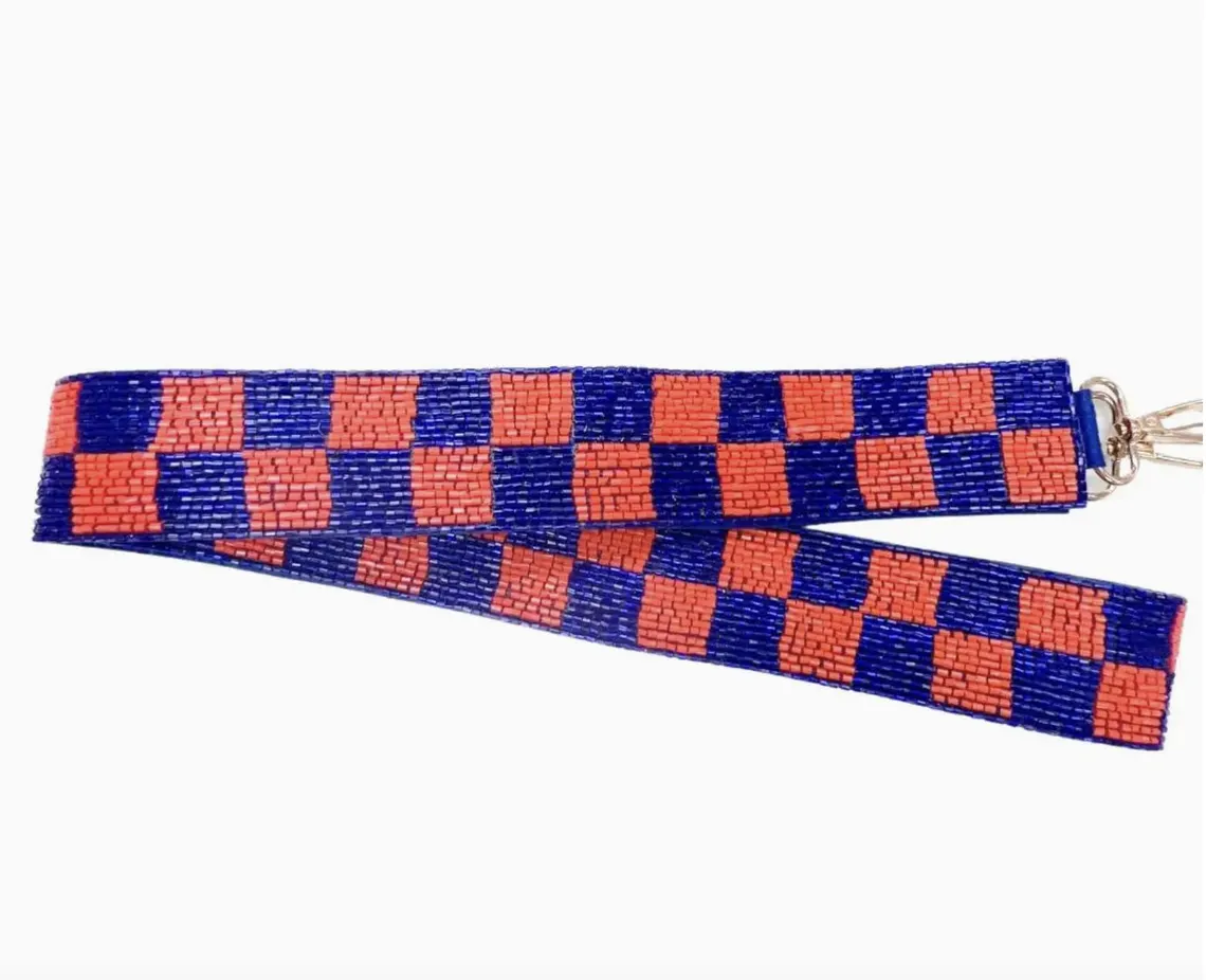 Orange and Blue Beaded Bag Strap, Check Pattern Beaded Bag Strap