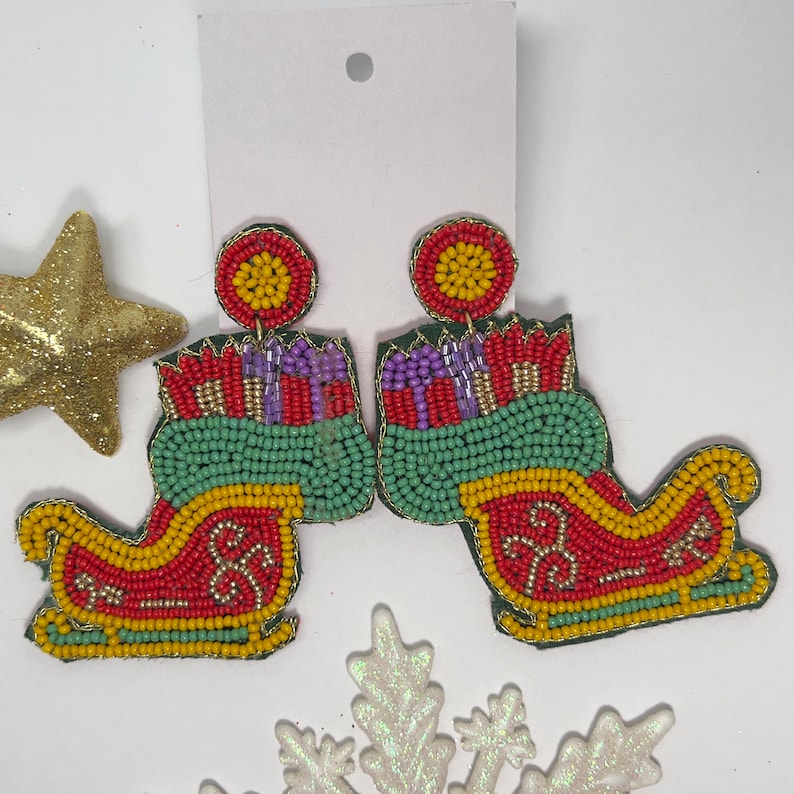 Winter Whimsy Handmade Beaded Christmas Earrings: Jingle Boot & Sleigh Festive Jewelry