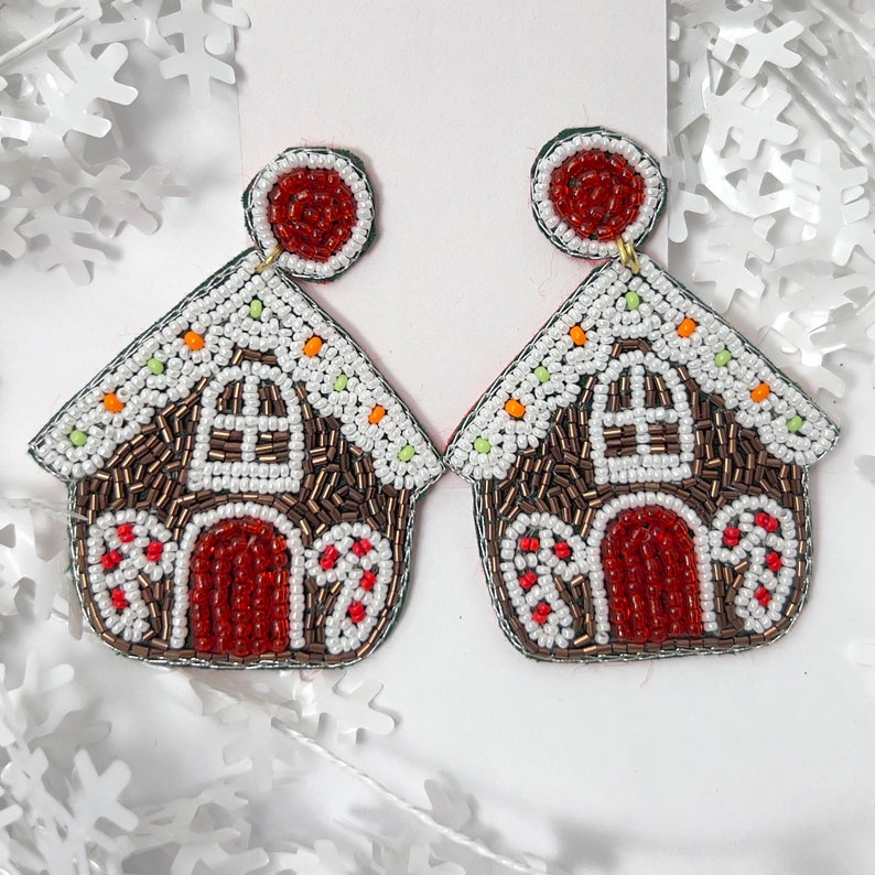 Handmade Gingerbread House Metallic & White Beaded Earrings