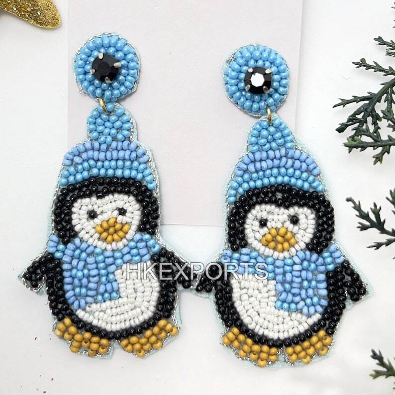 Handmade Blue & White Penguin Beaded Earrings