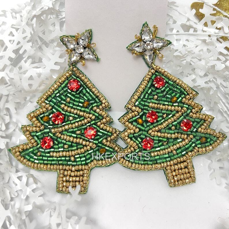 Handmade Green & Gold Tree Beaded Earrings Festive Holiday Jewelry