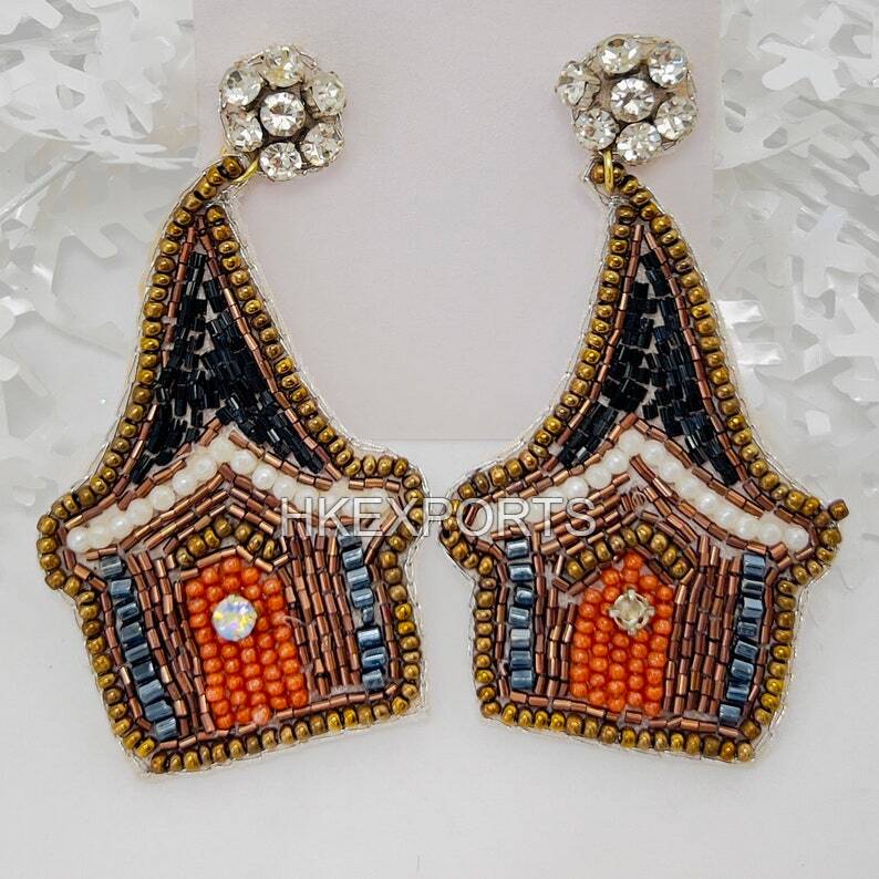 Handmade Gingerbread House Metallic Beaded Earrings