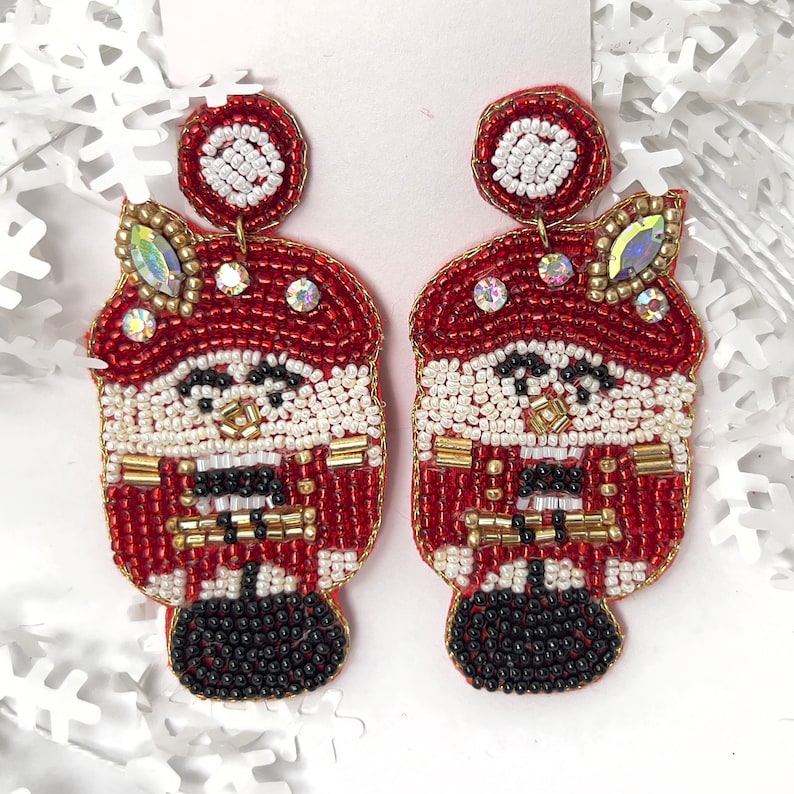 Handmade Beaded Christmas Earring Nutcracker Doll Inspired Festive Jewelry