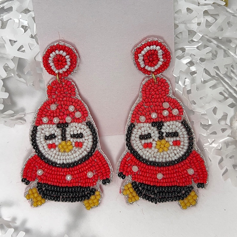 Red Penguin Christmas Tree Beaded Earrings