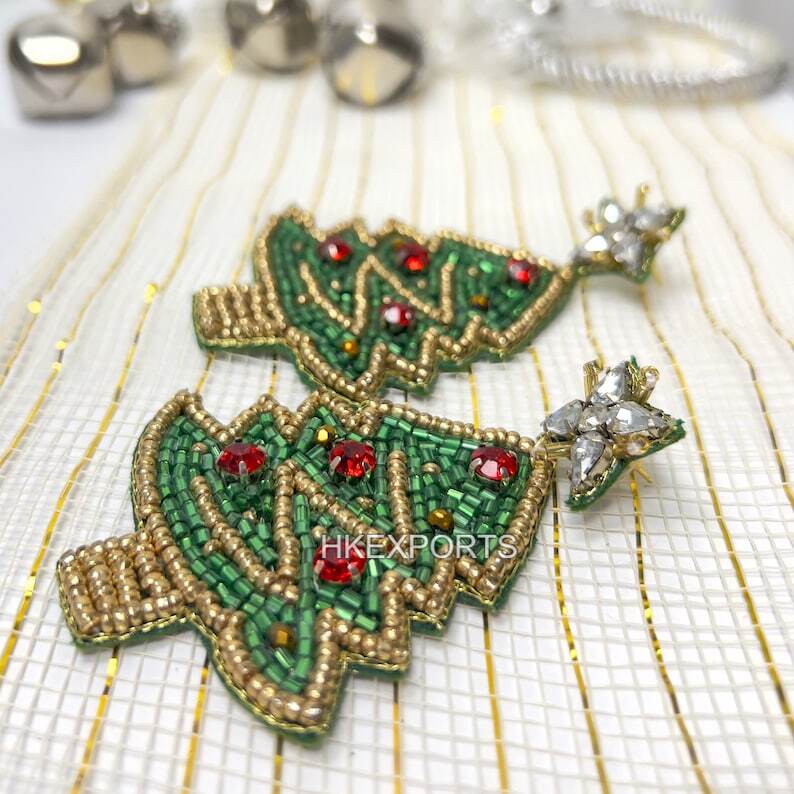 Handmade Green & Gold Tree Beaded Earrings Festive Holiday Jewelry
