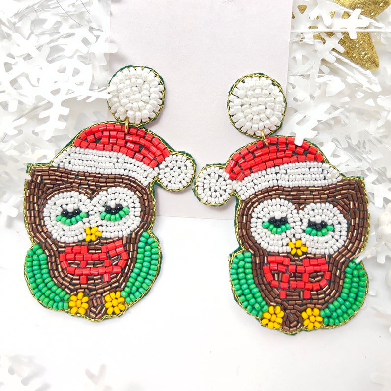 Handmade Christmas Owl Beaded Earrings