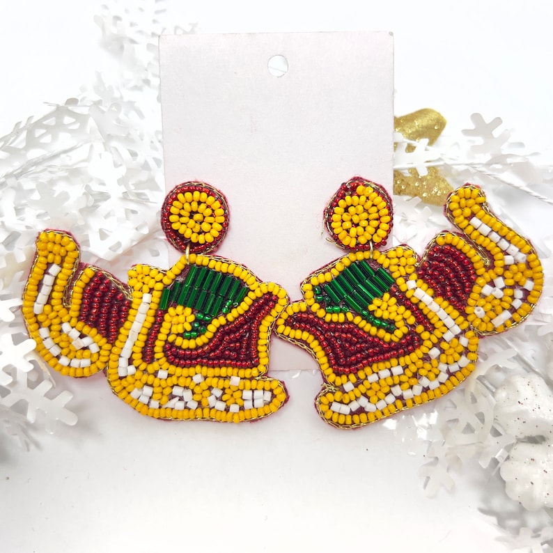 Handmade Yellow, Green and Red Santa Sleigh Beaded Earrings