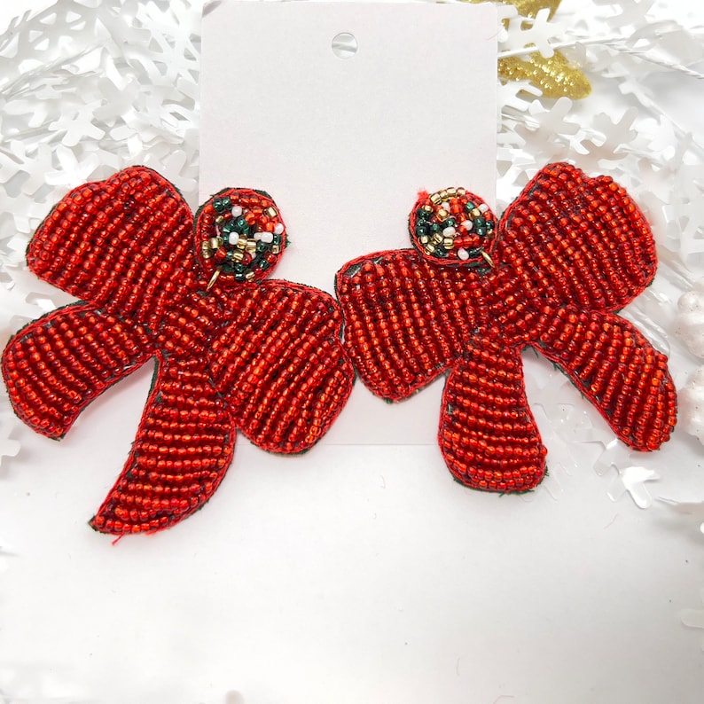 Red & Green Bow Christmas Beaded Earrings