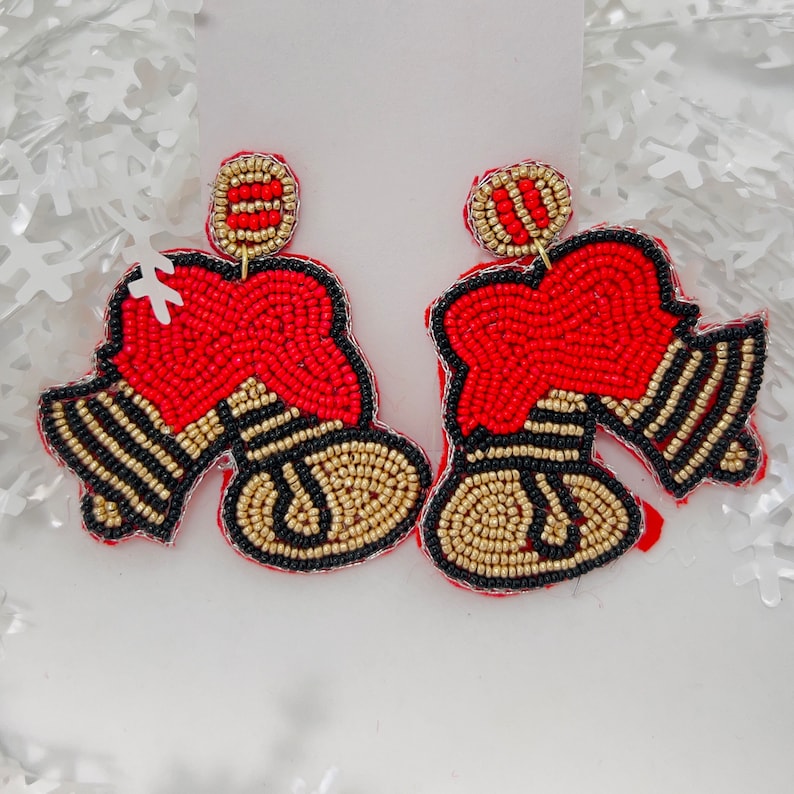 Handmade Beaded Christmas Earrings in Red and Gold with Bow Bell Charm