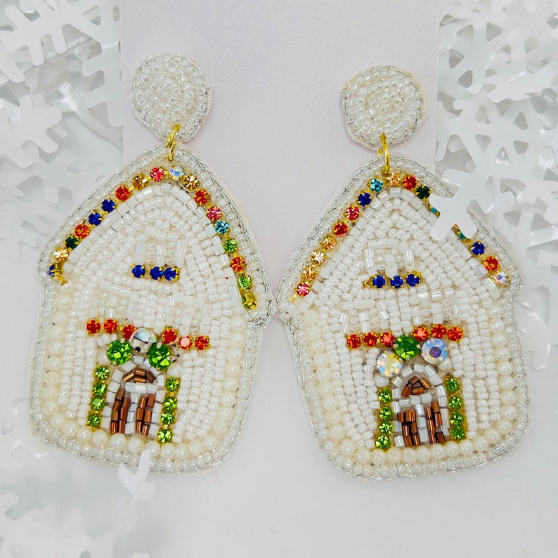 Gingerbread Bliss Handmade Beaded Christmas Earrings in White
