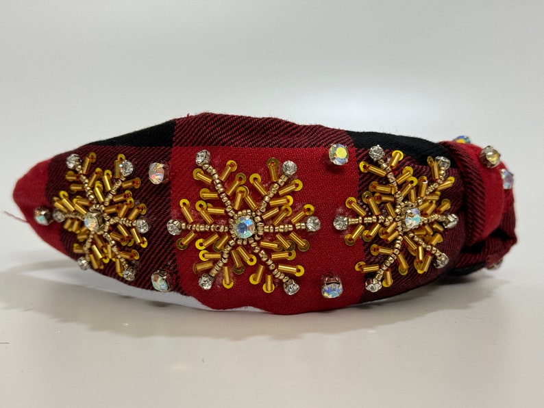 Festive Red Plaid Elegance: Handmade Knotted Jeweled Headband with Golden Beaded Snowflake