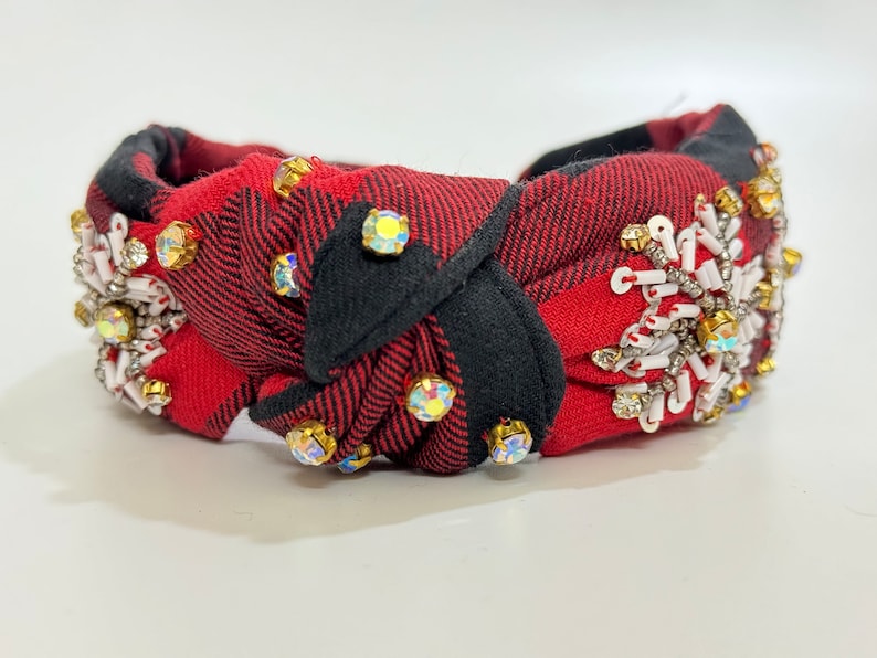 Holiday Chic: Festive Red Plaid Knotted Headband with Silver Beaded Snowflake - Sparkle in Style!