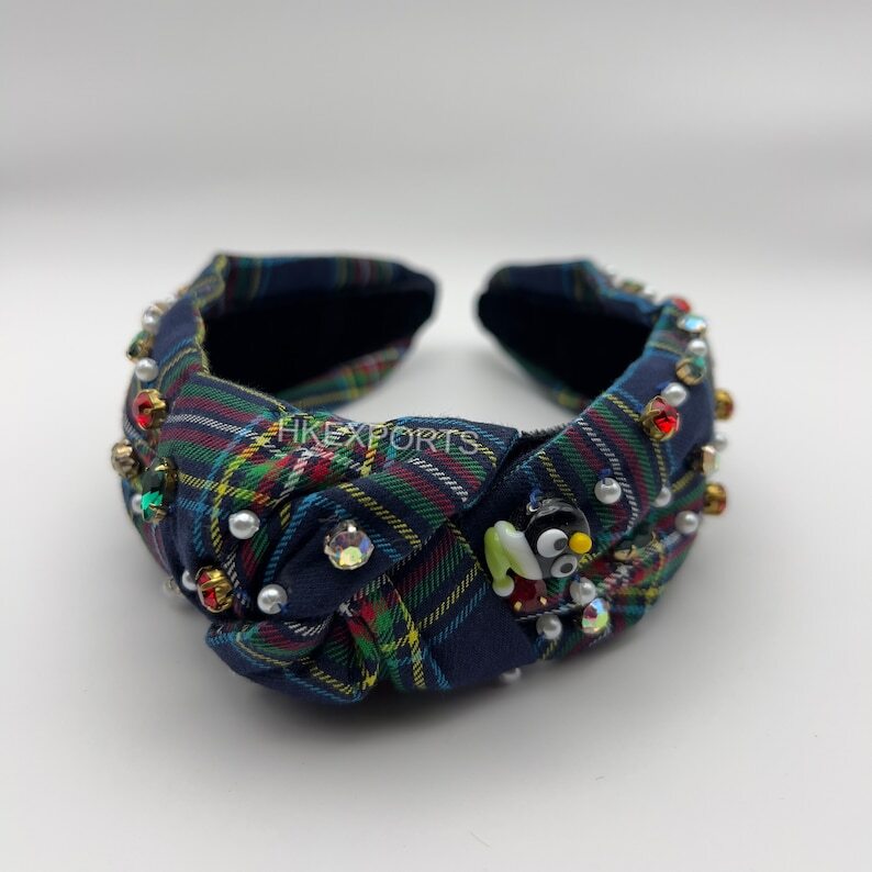 Winter Wonderland Blue Tartan Plaid Jeweled Headband