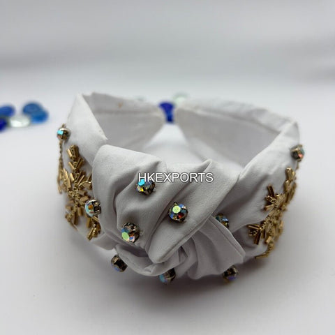 Snowflake Elegance Beaded Headband White & Gold Winter Accessory