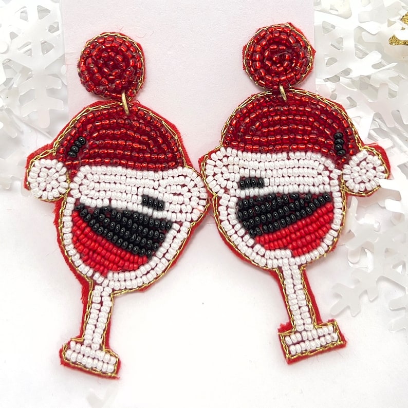 Cheerful Santa Cap Wine Glass Earrings - Holiday Sparkle for Your Festive Season