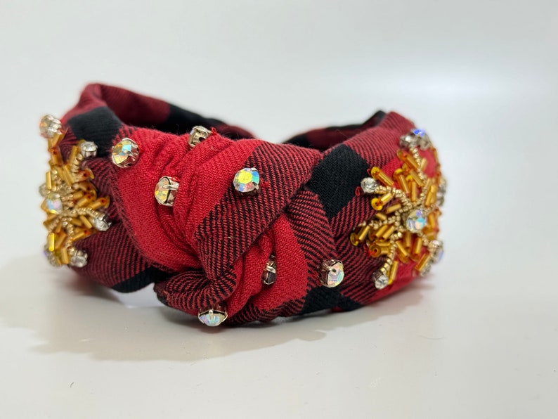 Festive Red Plaid Elegance: Handmade Knotted Jeweled Headband with Golden Beaded Snowflake