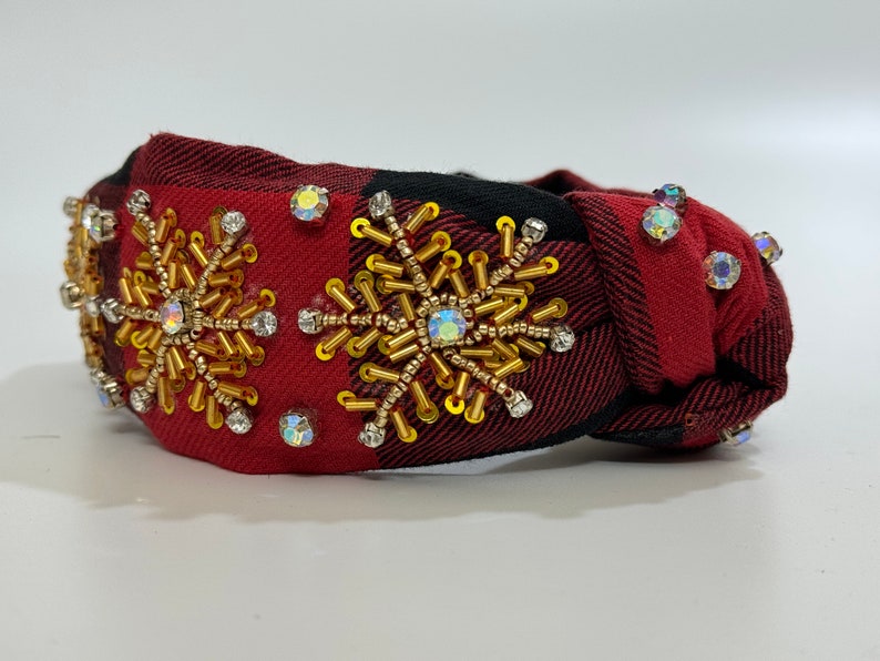 Festive Red Plaid Elegance: Handmade Knotted Jeweled Headband with Golden Beaded Snowflake