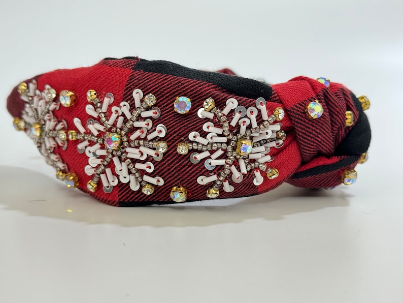 Holiday Chic: Festive Red Plaid Knotted Headband with Silver Beaded Snowflake - Sparkle in Style!
