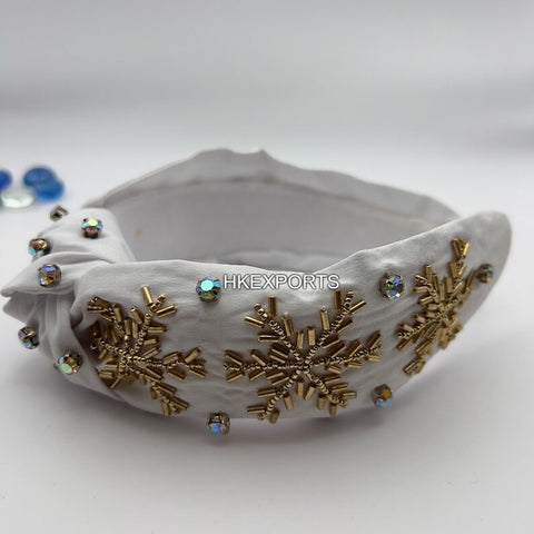 Snowflake Elegance Beaded Headband White & Gold Winter Accessory
