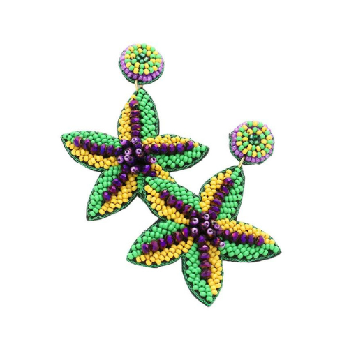 Multi-Mardi Gras Seed Beaded Starfish Dangle Earrings: Embrace Coastal Carnival Vibes with Colorful Seaside Glamour