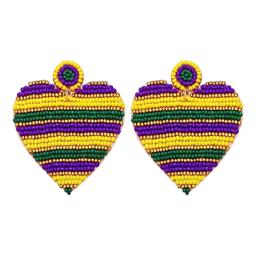 Sparkling Mardi Gras Heart-Shaped Earrings: Spread Love and Festive Charm with Stunning Carnival-Inspired Design