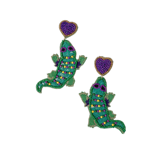 Vibrant Mardi Gras Gecko Beaded Dangle Earrings: Embrace the Playful Spirit with Lively Carnival-Inspired Design