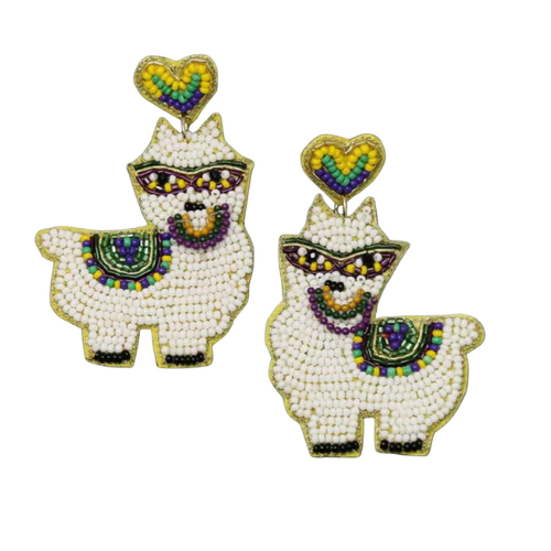 Multi-Mardi Gras Llama Seed Bead Drop Earrings: Festive Flair with a Llama Twist!