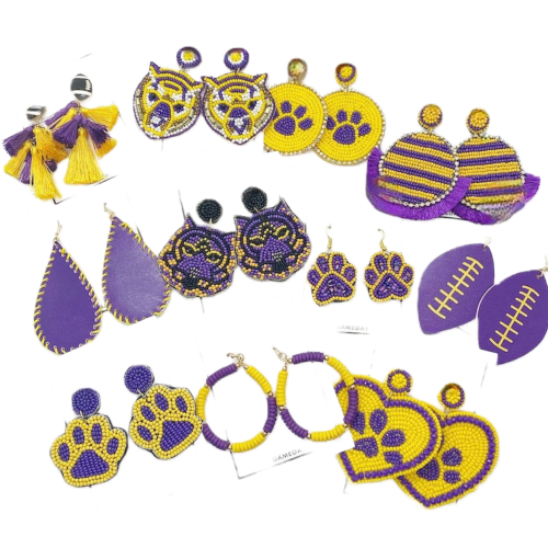 College football, beaded earrings, seed beads, tassel earrings, purple and yellow, gifts for graduates