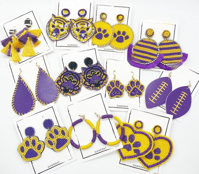 College football, beaded earrings, seed beads, tassel earrings, purple and yellow, gifts for graduates