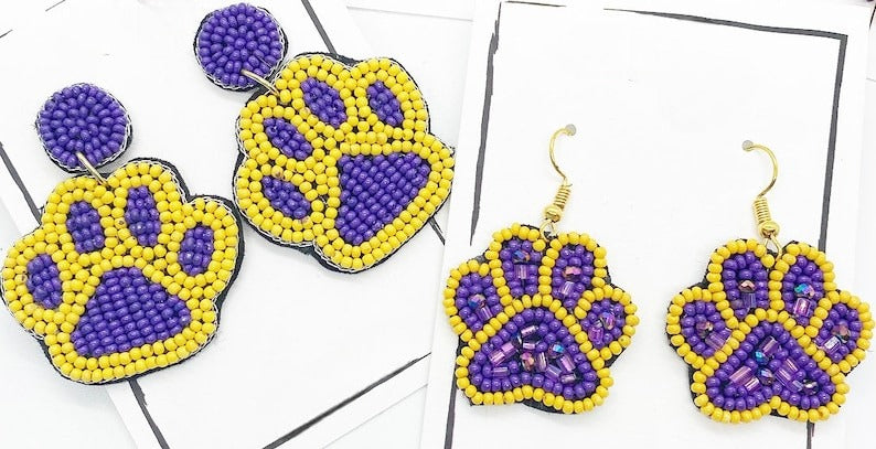 College football, beaded earrings, seed beads, tassel earrings, purple and yellow, gifts for graduates