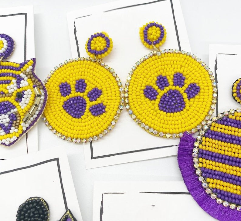College football, beaded earrings, seed beads, tassel earrings, purple and yellow, gifts for graduates