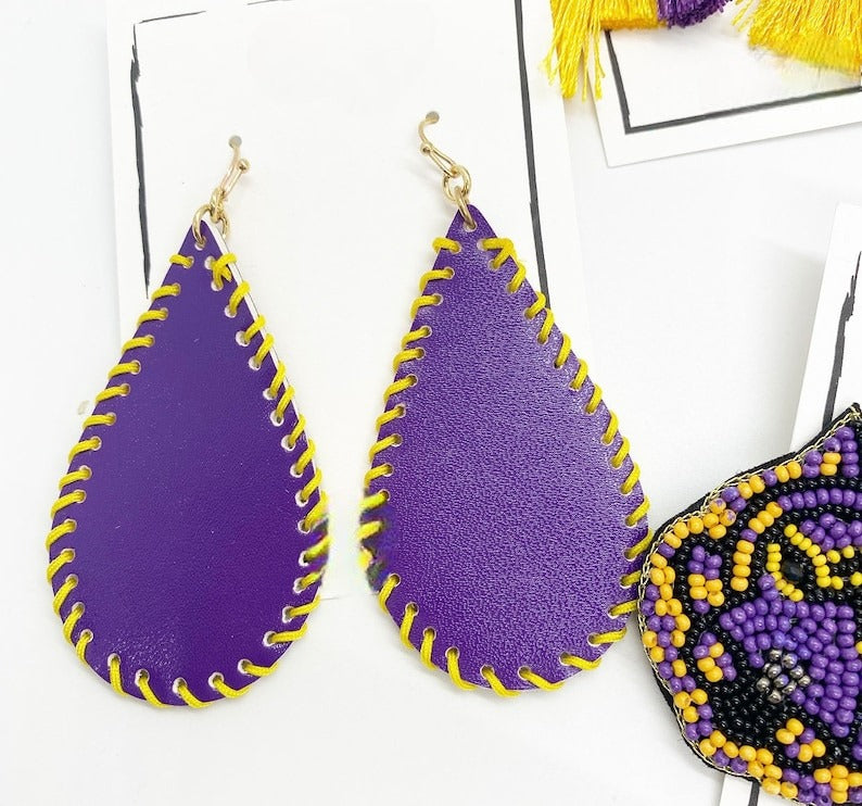 College football, beaded earrings, seed beads, tassel earrings, purple and yellow, gifts for graduates
