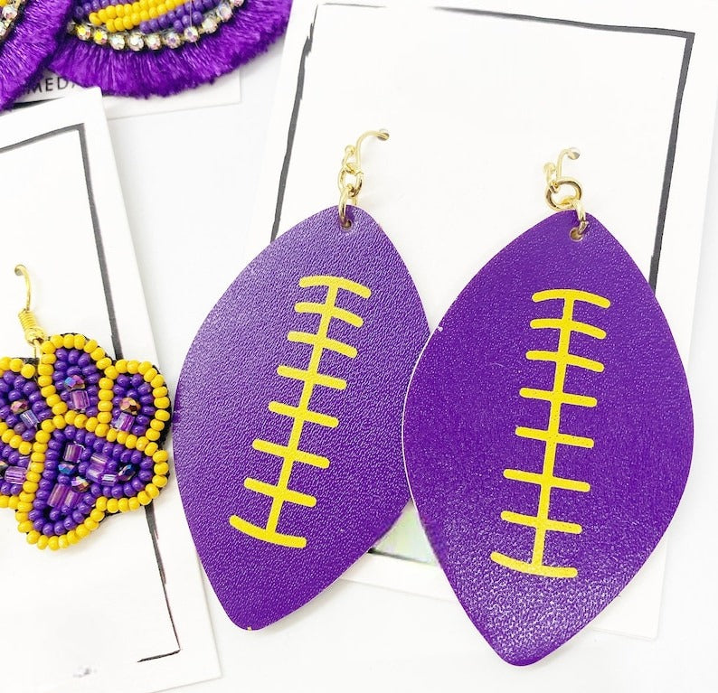 College football, beaded earrings, seed beads, tassel earrings, purple and yellow, gifts for graduates
