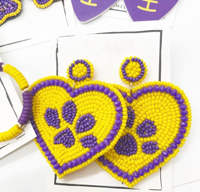 College football, beaded earrings, seed beads, tassel earrings, purple and yellow, gifts for graduates