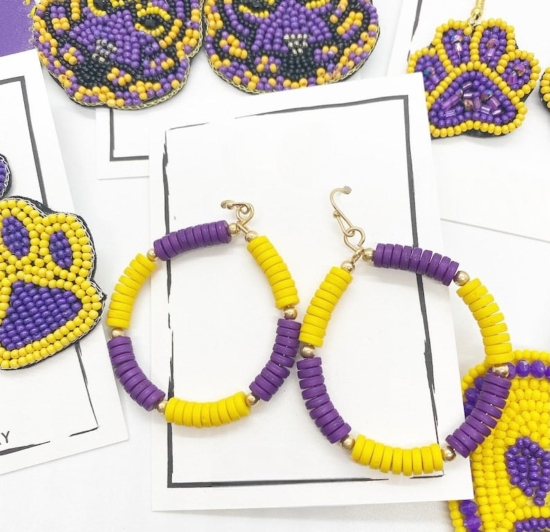 College football, beaded earrings, seed beads, tassel earrings, purple and yellow, gifts for graduates