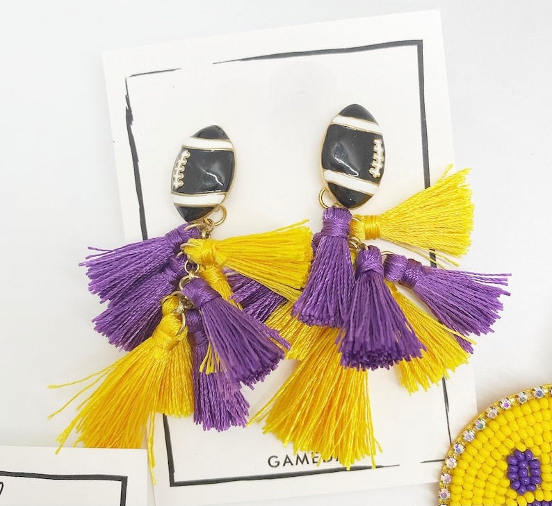 College football, beaded earrings, seed beads, tassel earrings, purple and yellow, gifts for graduates