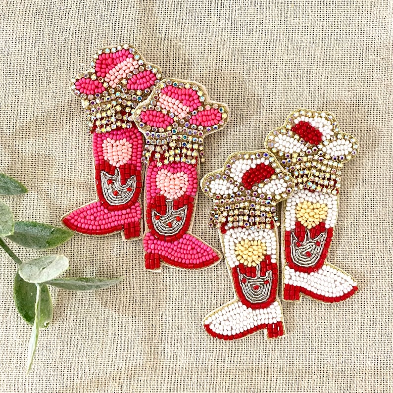 Cowgirl Boots Seed Bead Earrings, Love Earrings, XOXO Earrings, Valentine's Party Gifts, and Beaded Earrings for Valentine's Day