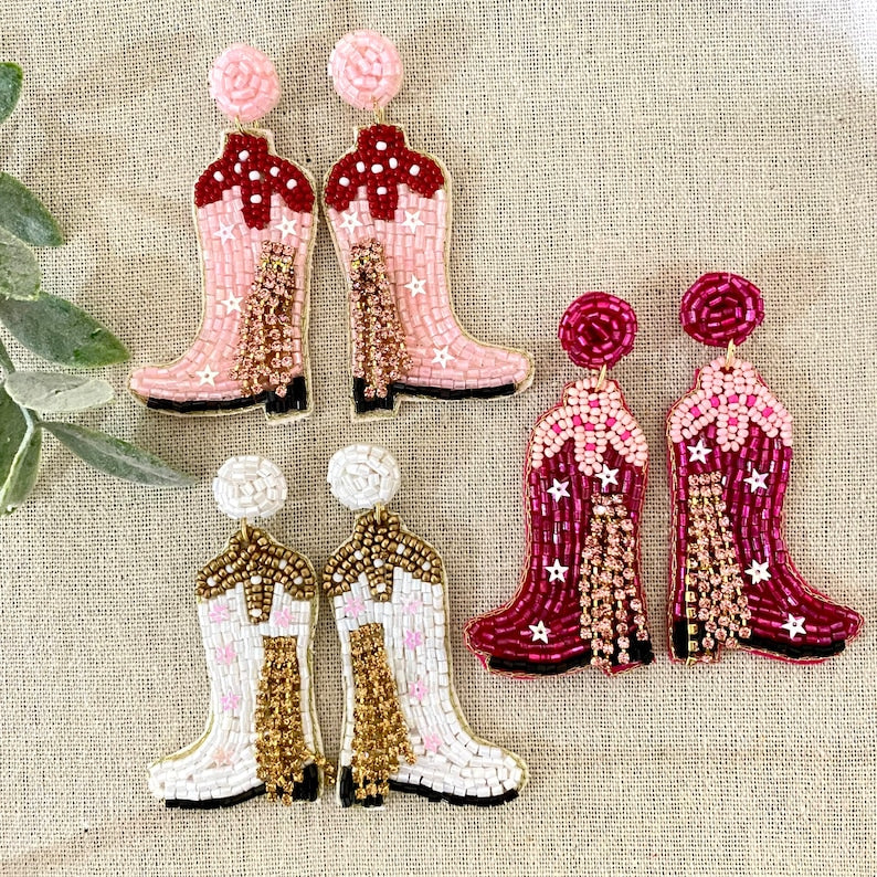 Cowgirl Boots Seed Bead Earrings, Love Earrings, XOXO Earrings, Valentine's Party Gifts, and Beaded Earrings for Valentine's Day