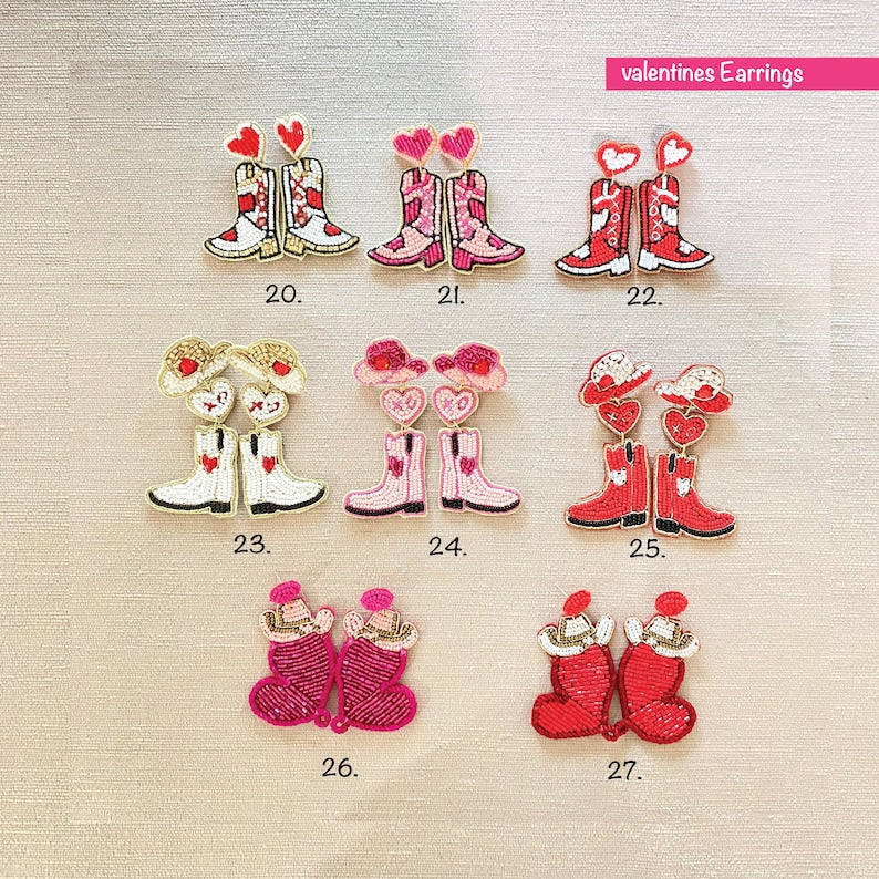 Cowgirl Boots Seed Bead Earrings, Love Earrings, XOXO Earrings, Valentine's Party Gifts, and Beaded Earrings for Valentine's Day